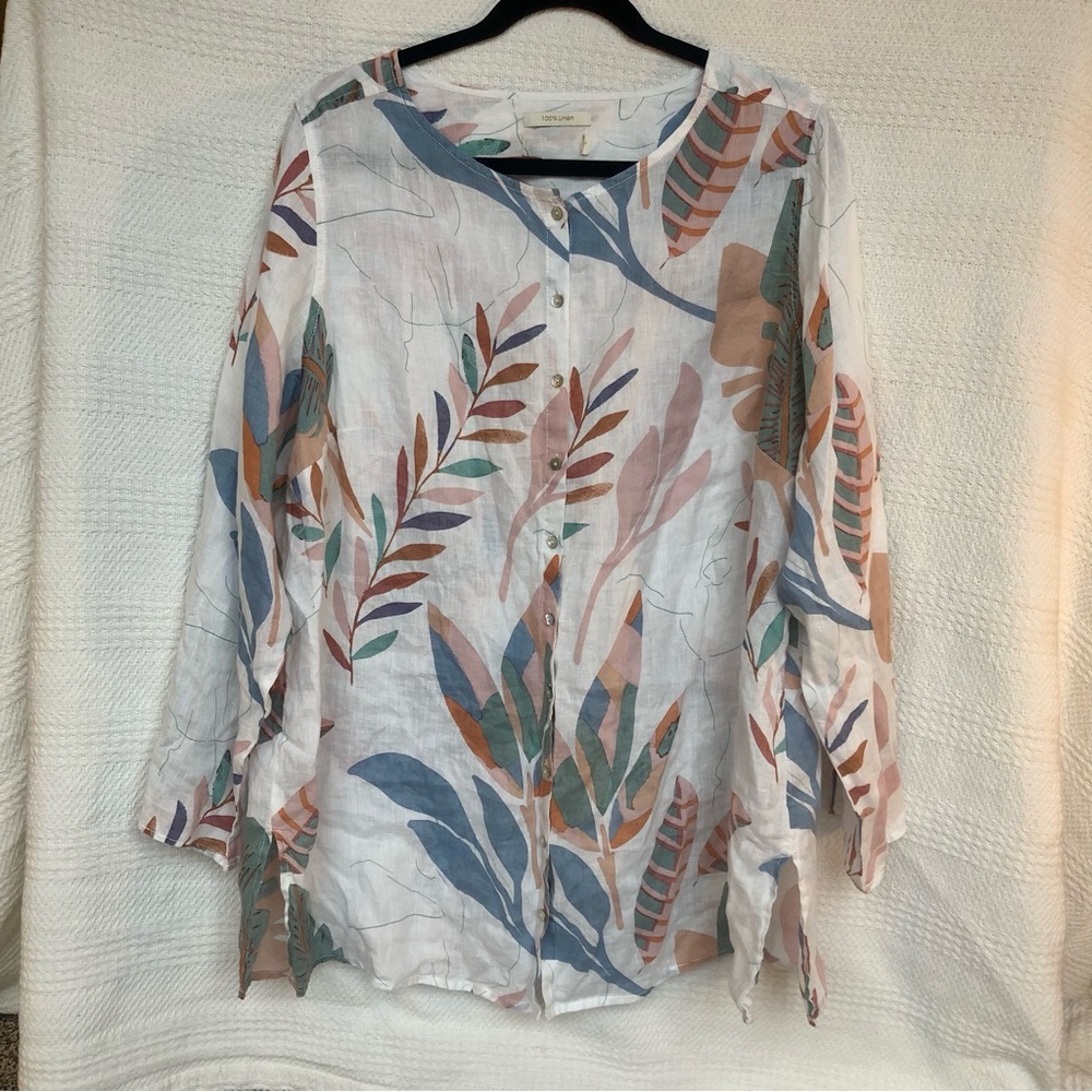 100% Linen‎ Beachy Coastal Cruisewear Breezy Flowy Shirt Top Women Plus Size 1X